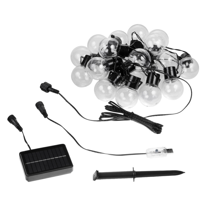 Maclean MCE424 Lichterkette für den Garten, 2-in-1:Stromversorgung über Solarpanel oder USB, 8 Beleuchtungsmodi, 20x Glühbirnen, IP44: Schutz gegen Spritzwasser, Länge: 7m