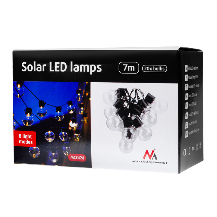 Maclean MCE424 Lichterkette für den Garten, 2-in-1:Stromversorgung über Solarpanel oder USB, 8 Beleuchtungsmodi, 20x Glühbirnen, IP44: Schutz gegen Spritzwasser, Länge: 7m