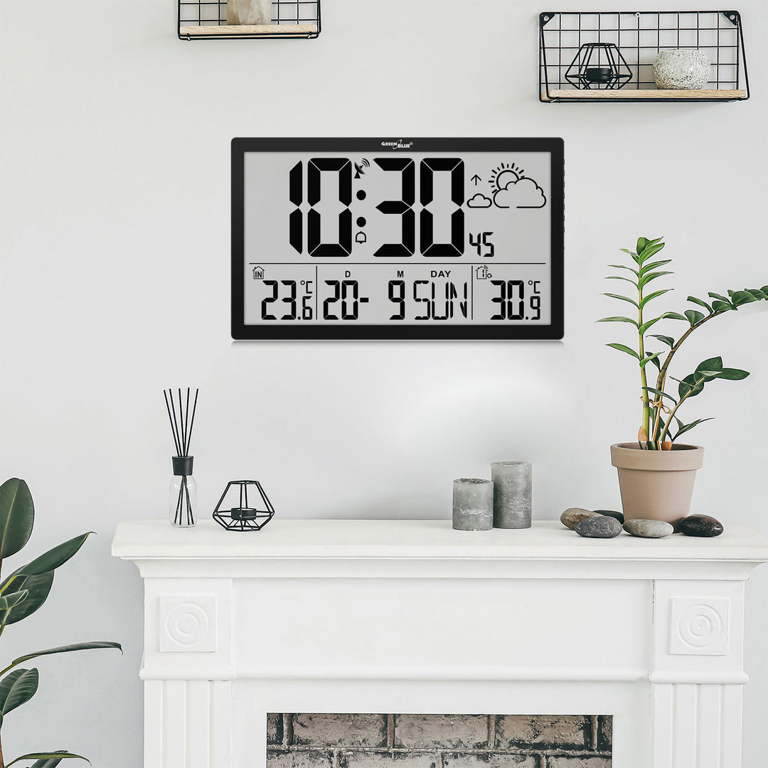 Wetterstation Digitale Wanduhr mit Außensensor, DCF-Uhr, 37x22,5cm Große Wanduhr, Alarm mit Schlummerfunktion, LCD Display, Innen und Außentemperatur, Wettervorhersage