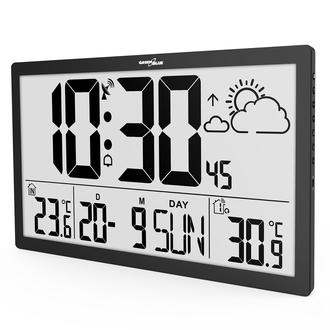 Wetterstation Digitale Wanduhr mit Außensensor, DCF-Uhr, 37x22,5cm Große Wanduhr, Alarm mit Schlummerfunktion, LCD Display, Innen und Außentemperatur, Wettervorhersage