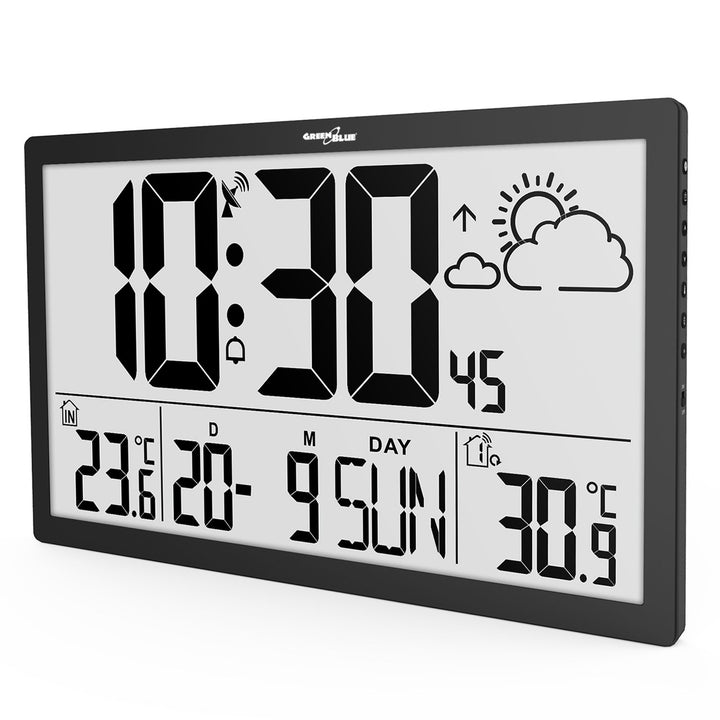 Wetterstation Digitale Wanduhr mit Außensensor, DCF-Uhr, 37x22,5cm Große Wanduhr, Alarm mit Schlummerfunktion, LCD Display, Innen und Außentemperatur, Wettervorhersage
