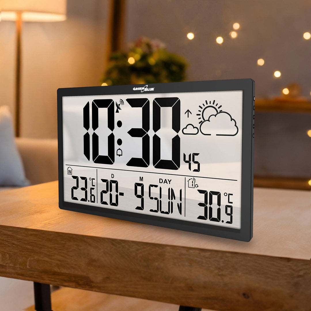 Wetterstation Digitale Wanduhr mit Außensensor, DCF-Uhr, 37x22,5cm Große Wanduhr, Alarm mit Schlummerfunktion, LCD Display, Innen und Außentemperatur, Wettervorhersage