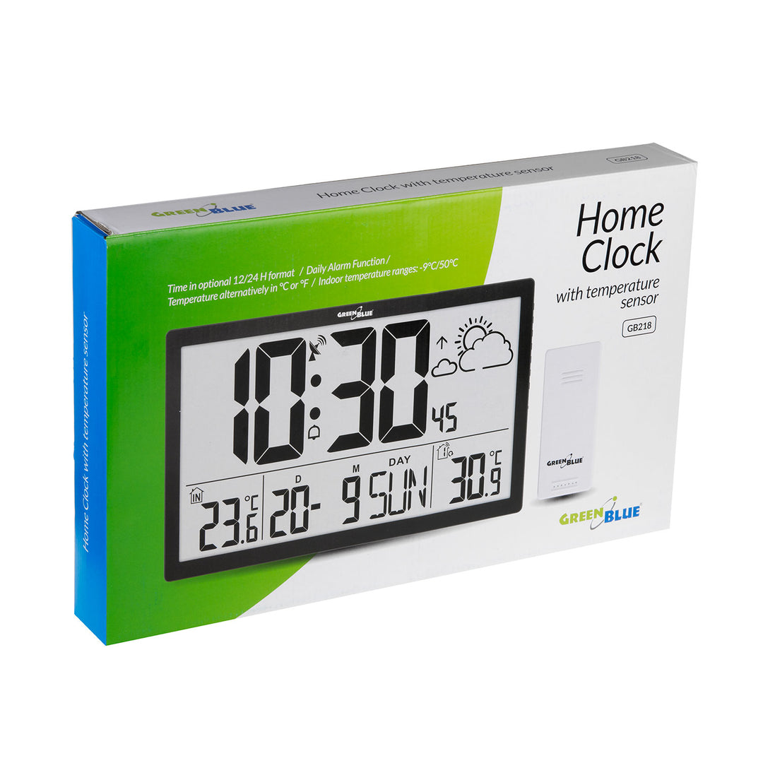 Wetterstation Digitale Wanduhr mit Außensensor, DCF-Uhr, 37x22,5cm Große Wanduhr, Alarm mit Schlummerfunktion, LCD Display, Innen und Außentemperatur, Wettervorhersage