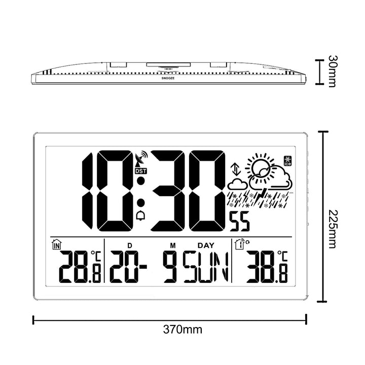 Wetterstation Digitale Wanduhr mit Außensensor, DCF-Uhr, 37x22,5cm Große Wanduhr, Alarm mit Schlummerfunktion, LCD Display, Innen und Außentemperatur, Wettervorhersage