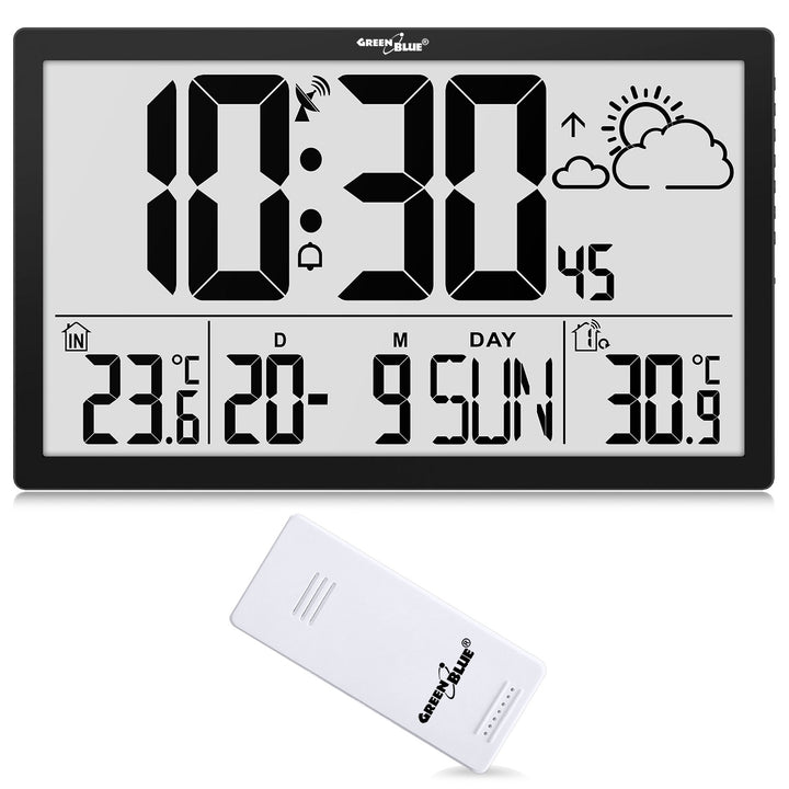 Wetterstation Digitale Wanduhr mit Außensensor, DCF-Uhr, 37x22,5cm Große Wanduhr, Alarm mit Schlummerfunktion, LCD Display, Innen und Außentemperatur, Wettervorhersage