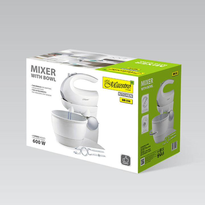 Mixer mit Rotierender Schüssel, Leistung: 600 W, 5 Geschwindigkeitsstufen, „Turbo“-Funktion, Fassungsvermögen von 3L (Weiß)