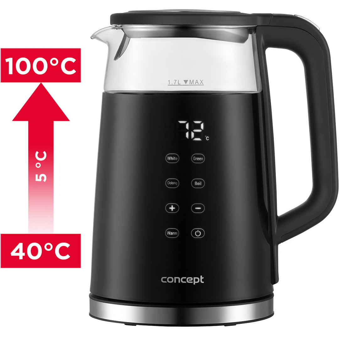 Concept RK4100 Glas-Wasserkocher mit Temperaturregelung 1,7L, 1850-2200 W, Warmhaltefunktion, LCD Display, Cool Touch Oberfläche, Schwarz