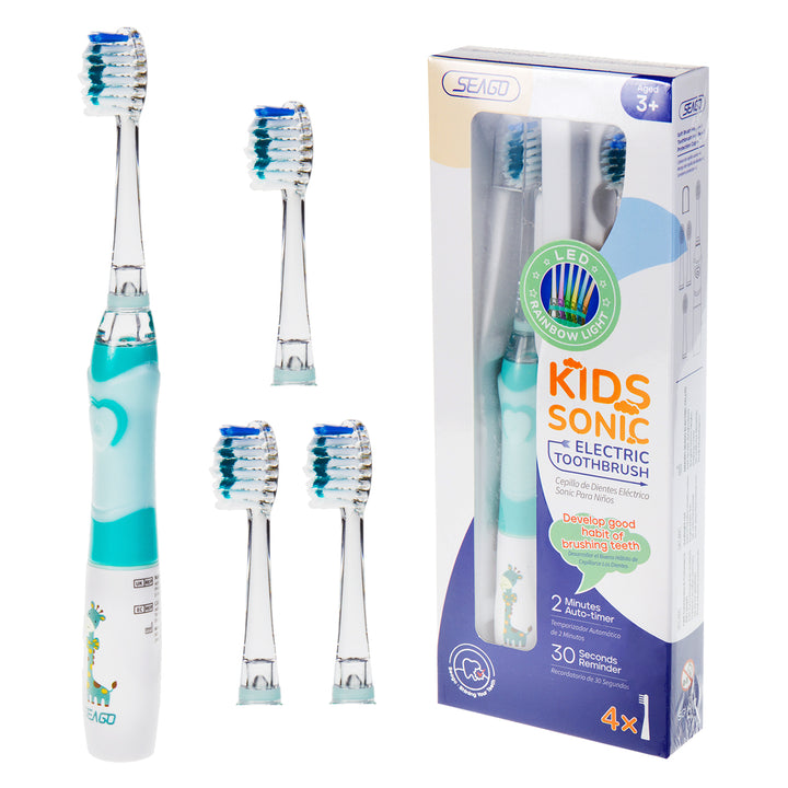 SEAGO Kinder-Schallzahnbürste, Farbe grün, 1xAA 1,5V (nicht enthalten), 3 Aufsätze, SG-977 Grün
