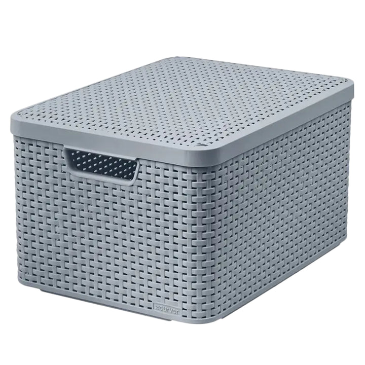 Curver Rattan Style Aufbewahrungsbox mit Deckel, Aufbewahrungskorb, Kunststoff, Aus Recyclingmaterial in mindestens 70% (Hellgrau, L: 44,5 x 33 x 24,8 cm)