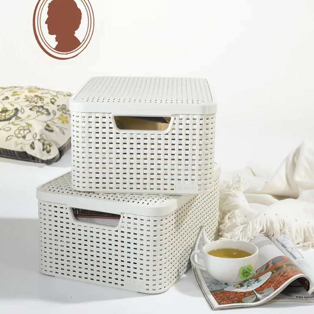 Curver Rattan Style Aufbewahrungsbox mit Deckel, Aufbewahrungskorb, Kunststoff, Aus Recyclingmaterial in mindestens 70% (Hellgrau, M: 38,6 x 28,7 x 17 cm)